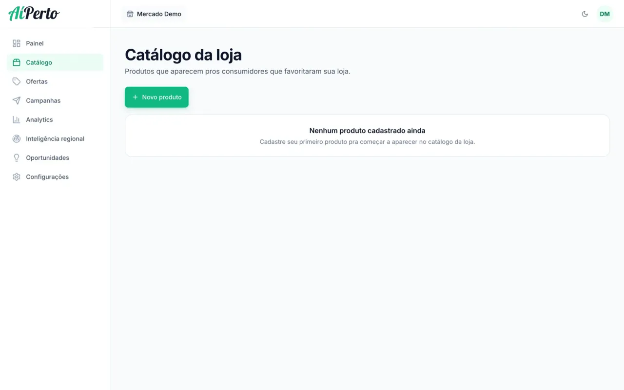 Tela de catálogo da plataforma AíPerto para estabelecimentos.