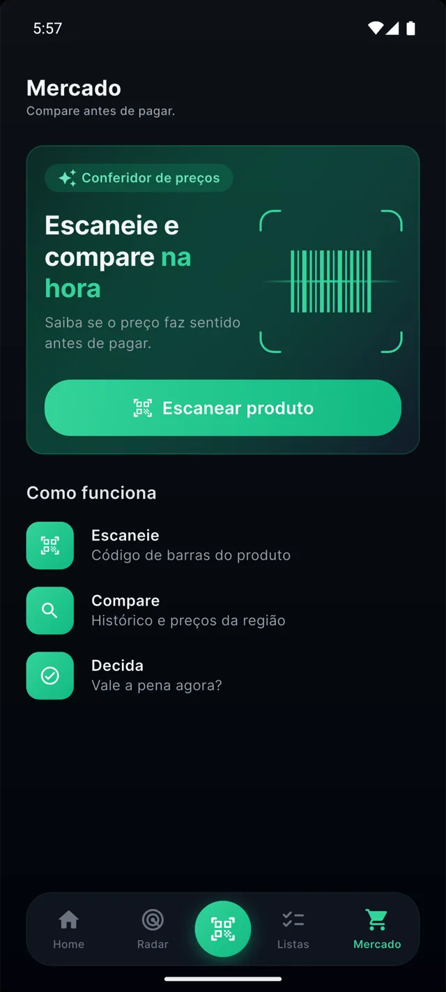 Modo Mercado do AíPerto: escaneie o código de barras do produto na prateleira e saiba se o preço faz sentido antes de pagar