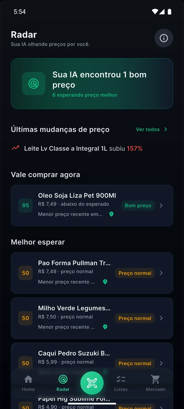 Radar do AíPerto: a IA encontrou um bom preço, mostra o score de cada produto e avisa que o leite integral subiu 157%